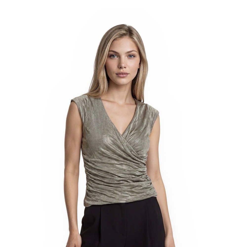 Nicole Miller Evening Top Blouse Women's Size Medium Silver Metallic‎ Ruched